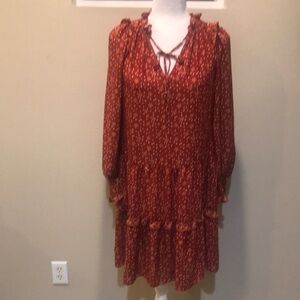 Max Studio Boho Tiered Ditsy Floral Dress w/Tie at Neckline Puffed Sleeves-XS